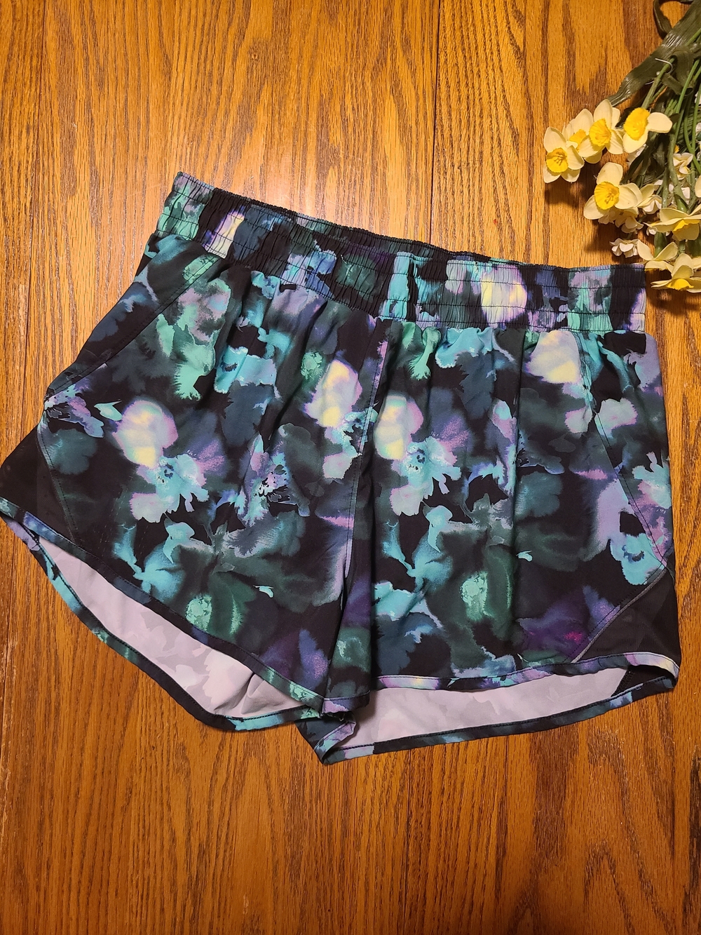 all in motion Women's Black Floral Athletic Shorts with Teal & Purple Accents